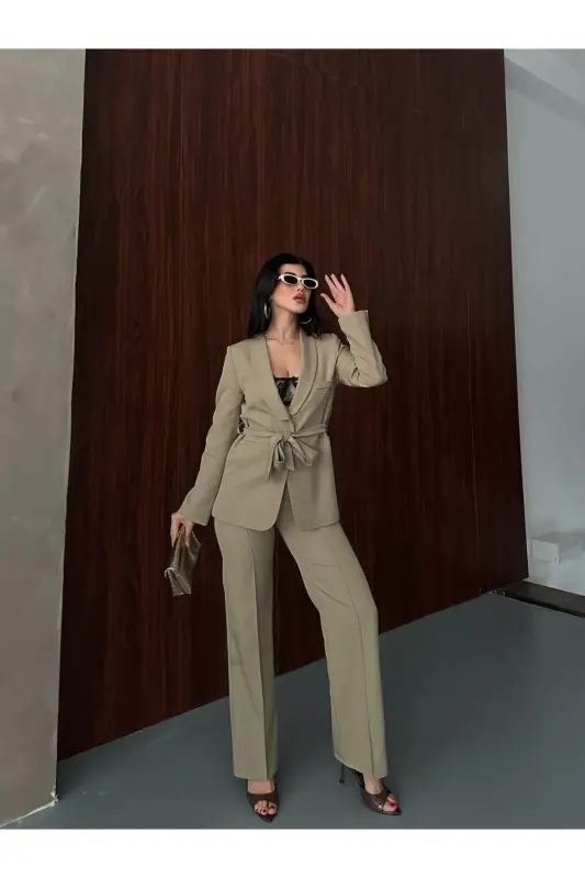 Bağlamalı Blazer Ceket Bol Paça Pantolon Takım-Yeşil - 4
