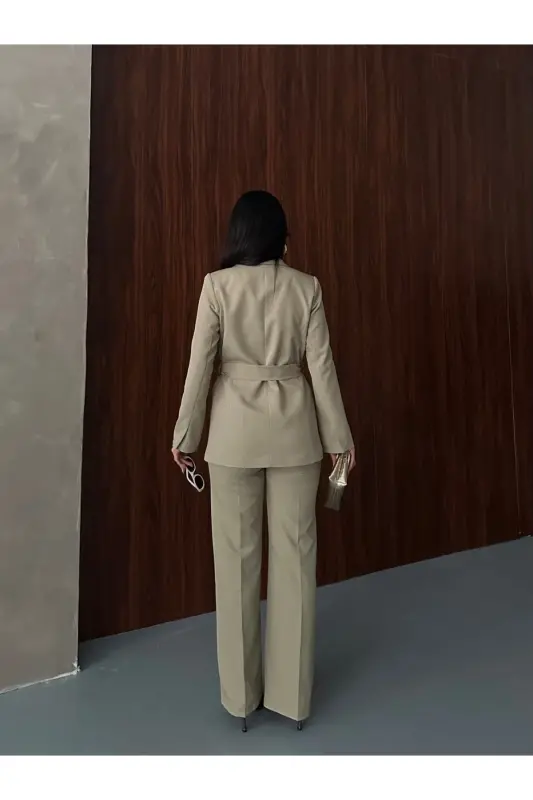 Bağlamalı Blazer Ceket Bol Paça Pantolon Takım-Yeşil - 6