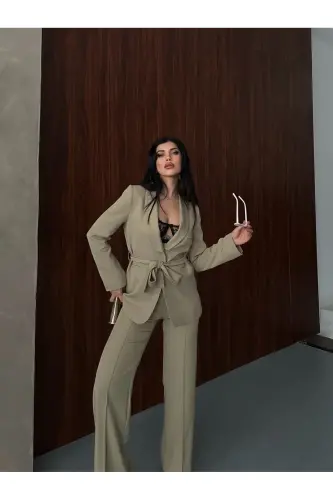 Bağlamalı Blazer Ceket Bol Paça Pantolon Takım-Yeşil - 7