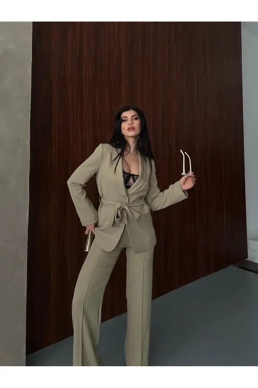 Bağlamalı Blazer Ceket Bol Paça Pantolon Takım-Yeşil - 7