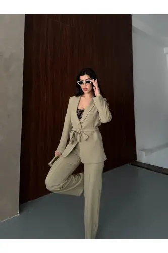 Bağlamalı Blazer Ceket Bol Paça Pantolon Takım-Yeşil - 8