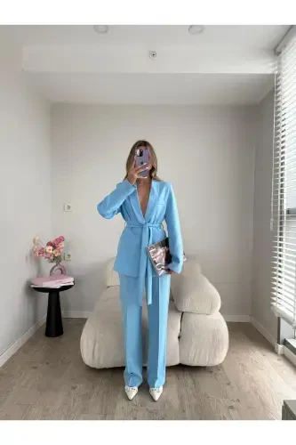 Bağlamalı Blazer Ceket Bol Paça Pantolon TakımRegular-Mavi - MYGİYİMİSTANBUL (1)