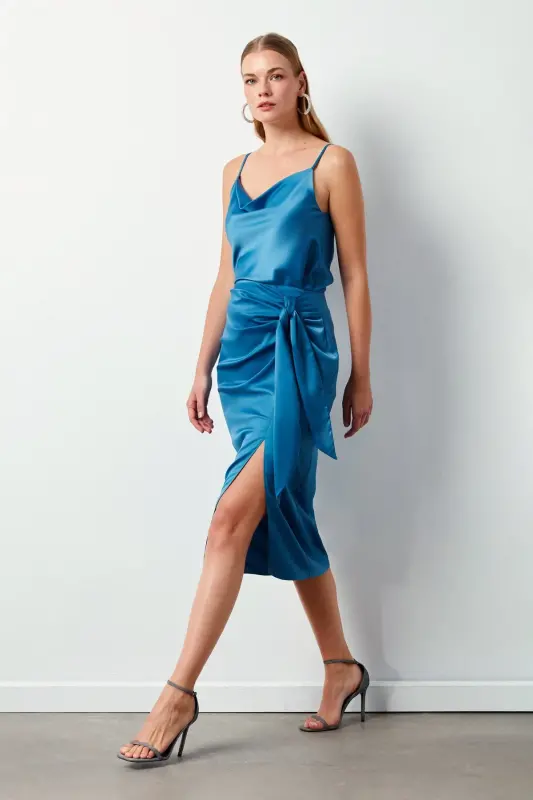 Bağlamalı Saten Etek - Sax Mavi-SAX MAVİ - 1