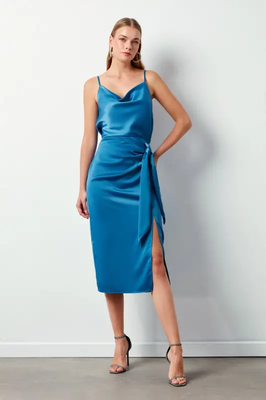 Bağlamalı Saten Etek - Sax Mavi-SAX MAVİ - 3