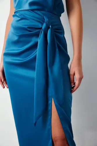 Bağlamalı Saten Etek - Sax Mavi-SAX MAVİ - 4