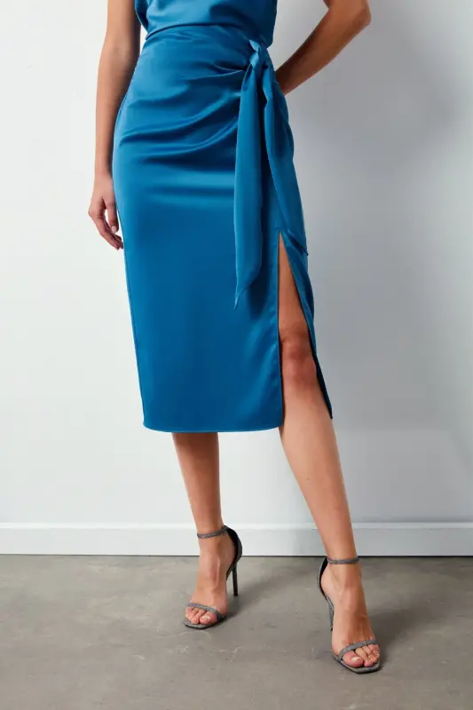 Bağlamalı Saten Etek - Sax Mavi-SAX MAVİ - 5
