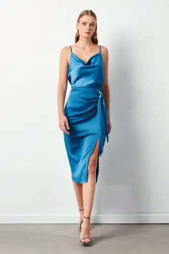 Bağlamalı Saten Etek - Sax Mavi-SAX MAVİ - SATEEN (1)