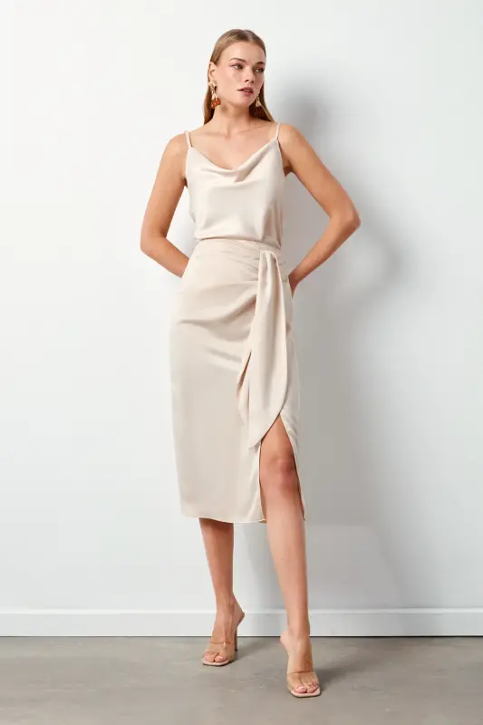 Bağlamalı Saten Etek - Taş-TAŞ - SATEEN