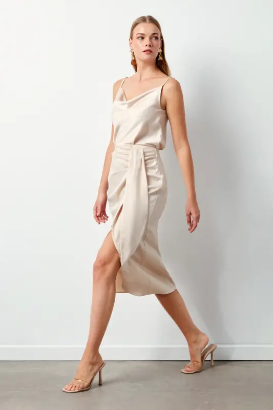 Bağlamalı Saten Etek - Taş-TAŞ - 3