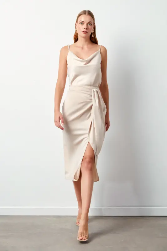 Bağlamalı Saten Etek - Taş-TAŞ - 2