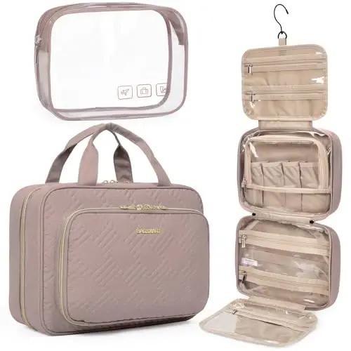 BAGSMART Toiletry Bag Hanging Travel Makeup Organizer with TSA Approved Transparent Cosmetic Bag Makeup Bag for Full Sized Toiletries, Large-Dark Purple 