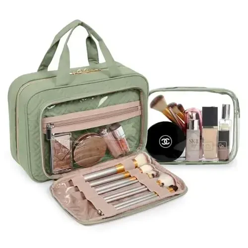 BAGSMART Toiletry Bag Hanging Travel Makeup Organizer with TSA Approved Transparent Cosmetic Bag Makeup Bag for Full Sized Toiletries, Large-Green - MODAZONE (1)