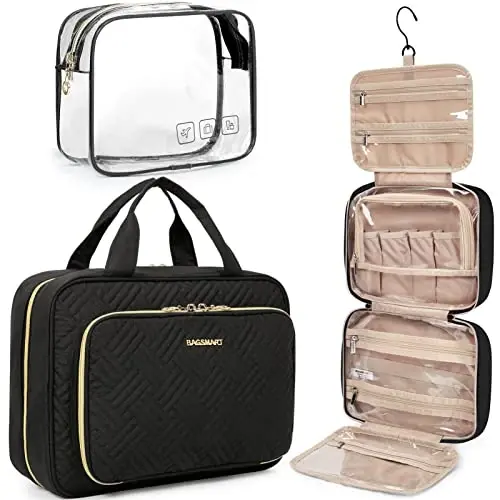 BAGSMART Toiletry Bag Hanging Travel Makeup Organizer with TSA Approved Transparent Cosmetic Bag Makeup Bag for Full Sized Toiletries, Medium-Black - 1