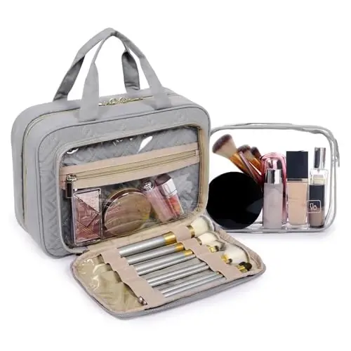 BAGSMART Toiletry Bag Hanging Travel Makeup Organizer with TSA Approved Transparent Cosmetic Bag Makeup Bag for Full Sized Toiletries, Large-Grey - 2