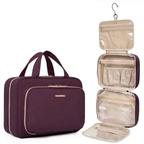 BAGSMART Toiletry Bag Hanging Travel Makeup Organizer with TSA Approved Transparent Cosmetic Bag Makeup Bag for Full Sized Toiletries（Cherry Red 