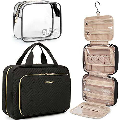 BAGSMART sayohat uchun osma cho‘ntagi orqali sayohat uchun kosmetik narsalarini tashkil qiluvchi cho‘ntak, TSA tomonidan tasdiqlangan shaffof kosmetik cho‘ntak, to‘liq hajmli tualet buyumlari uchun kosmetik cho‘ntak, katta - qora - BAGSMART