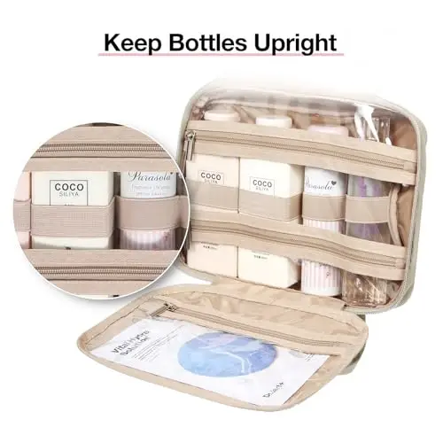 BAGSMART Toiletry Bag Hanging Travel Makeup Organizer with TSA Approved Transparent Cosmetic Bag Makeup Bag for Full Sized Toiletries, Large-Camel - 4