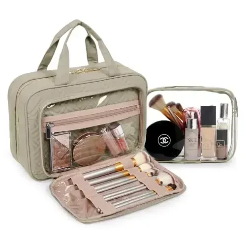 BAGSMART Toiletry Bag Hanging Travel Makeup Organizer with TSA Approved Transparent Cosmetic Bag Makeup Bag for Full Sized Toiletries, Large-Camel - MODAZONE (1)