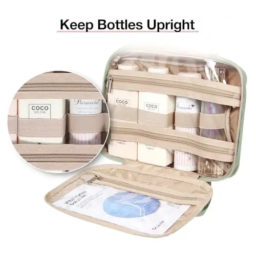 BAGSMART Toiletry Bag Hanging Travel Makeup Organizer with TSA Approved Transparent Cosmetic Bag Makeup Bag for Full Sized Toiletries, Large-Green - 4