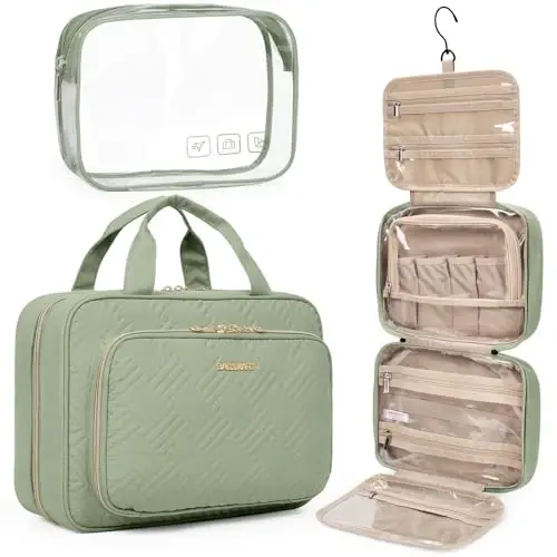 BAGSMART Toiletry Bag Hanging Travel Makeup Organizer with TSA Approved Transparent Cosmetic Bag Makeup Bag for Full Sized Toiletries, Large-Green - MODAZONE