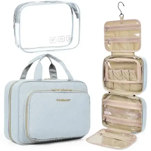 BAGSMART Toiletry Bag Hanging Travel Makeup Organizer with TSA Approved Transparent Cosmetic Bag Makeup Bag for Full Sized Toiletries, Large-Light Blue - BAGSMART