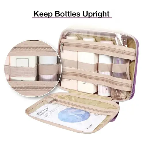 BAGSMART Toiletry Bag Hanging Travel Makeup Organizer with TSA Approved Transparent Cosmetic Bag Makeup Bag for Full Sized Toiletries, Large-Purple - 3