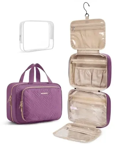 BAGSMART Toiletry Bag Hanging Travel Makeup Organizer with TSA Approved Transparent Cosmetic Bag Makeup Bag for Full Sized Toiletries, Large-Purple - 1