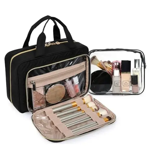 BAGSMART Toiletry Bag Hanging Travel Makeup Organizer with TSA Approved Transparent Cosmetic Bag Makeup Bag for Full Sized Toiletries, Medium-Black - MODAZONE (1)