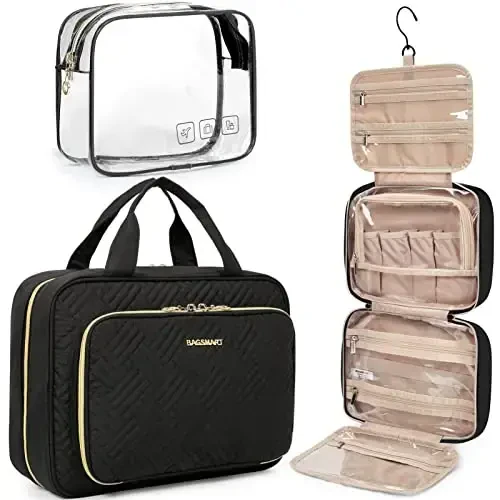 BAGSMART Toiletry Bag Hanging Travel Makeup Organizer with TSA Approved Transparent Cosmetic Bag Makeup Bag for Full Sized Toiletries, Medium-Black - 1