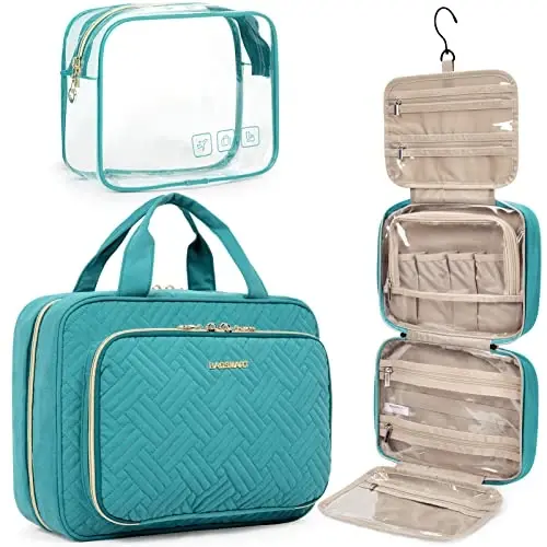 BAGSMART Toiletry Bag Hanging Travel Makeup Organizer with TSA Approved Transparent Cosmetic Bag Makeup Bag for Full Sized Toiletries, Medium-Blue - MODAZONE
