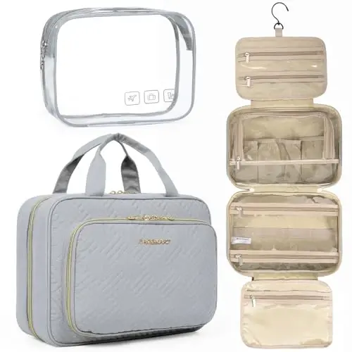 BAGSMART Toiletry Bag Hanging Travel Makeup Organizer with TSA Approved Transparent Cosmetic Bag Makeup Bag for Full Sized Toiletries, Medium-Grey - MODAZONE