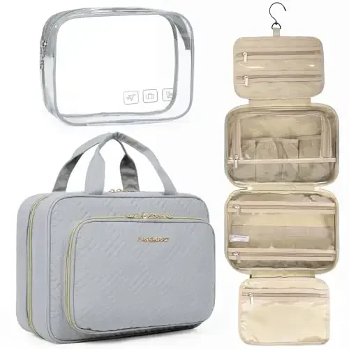 BAGSMART Toiletry Bag Hanging Travel Makeup Organizer with TSA Approved Transparent Cosmetic Bag Makeup Bag for Full Sized Toiletries, Medium-Grey - 1