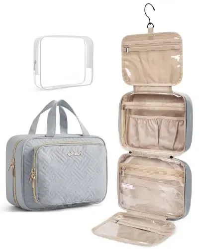 BAGSMART Toiletry Bag Hanging Travel Makeup Organizer with TSA Approved Transparent Cosmetic Bag Makeup Bag for Full Sized Toiletries, Medium-Grey - 1