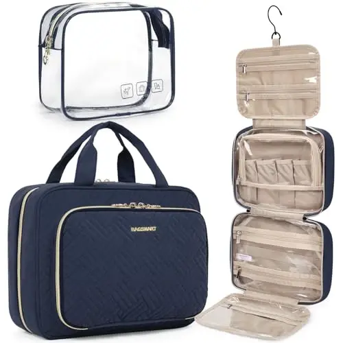 BAGSMART Toiletry Bag Hanging Travel Makeup Organizer with TSA Approved Transparent Cosmetic Bag Makeup Bag for Full Sized Toiletries, Medium-Navy - MODAZONE