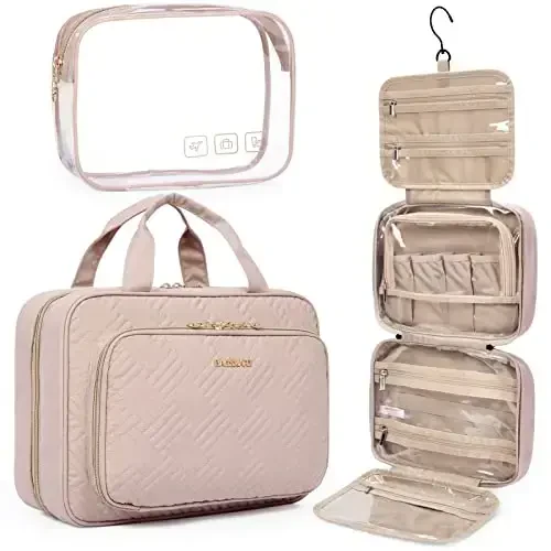 BAGSMART Toiletry Bag Hanging Travel Makeup Organizer with TSA Approved Transparent Cosmetic Bag Makeup Bag for Full Sized Toiletries, Medium-Pink - 1
