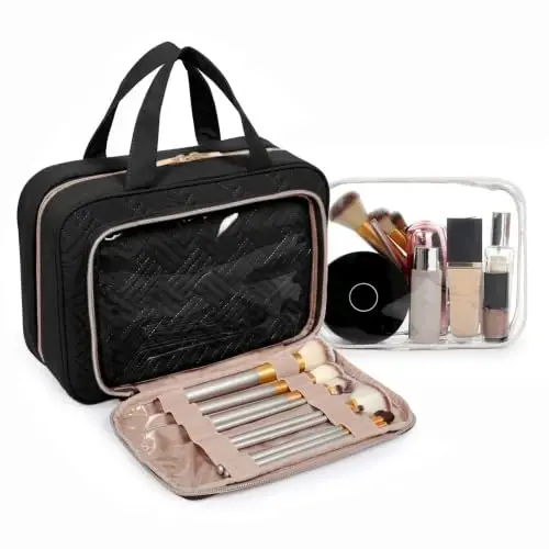 BAGSMART Toiletry Bag Hanging Travel Makeup Organizer with TSA Approved Transparent Cosmetic Bag Makeup Bag for Full Sized Toiletries（Coffee Brown） - 2