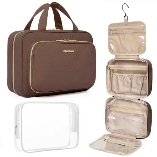 BAGSMART Toiletry Bag Hanging Travel Makeup Organizer with TSA Approved Transparent Cosmetic Bag Makeup Bag for Full Sized Toiletries(Coffee Brown) 