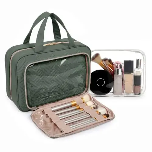 BAGSMART Toiletry Bag Hanging Travel Makeup Organizer with TSA Approved Transparent Cosmetic Bag Makeup Bag for Full Sized Toiletries(Dusty Green) - BAGSMART (1)