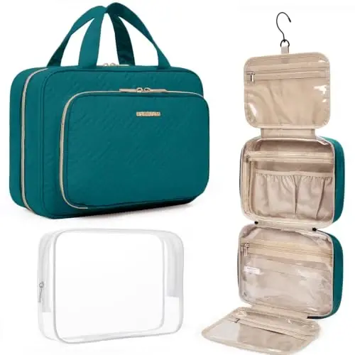 BAGSMART Toiletry Bag Hanging Travel Makeup Organizer with TSA Approved Transparent Cosmetic Bag Makeup Bag for Full Sized Toiletries（Sage Green） 