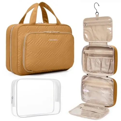 BAGSMART Toiletry Bag Hanging Travel Makeup Organizer with TSA Approved Transparent Cosmetic Bag Makeup Bag for Full Sized Toiletries(Stone Khaki) - BAGSMART