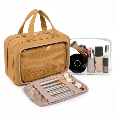 BAGSMART Toiletry Bag Hanging Travel Makeup Organizer with TSA Approved Transparent Cosmetic Bag Makeup Bag for Full Sized Toiletries(Stone Khaki) - BAGSMART (1)