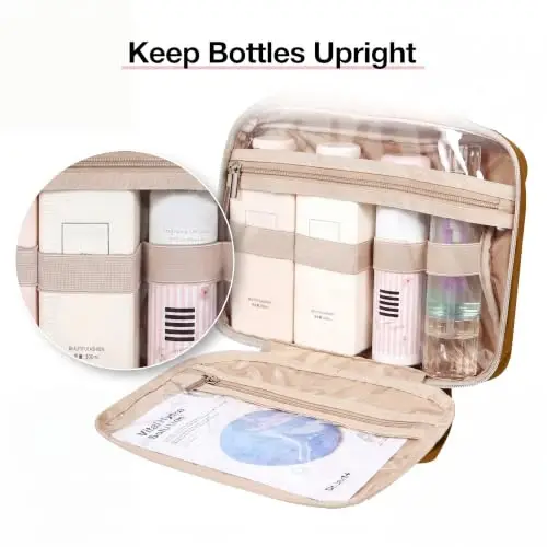 BAGSMART Toiletry Bag Hanging Travel Makeup Organizer with TSA Approved Transparent Cosmetic Bag Makeup Bag for Full Sized Toiletries(Stone Khaki) - 4