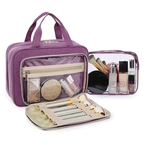 BAGSMART Toiletry Bag Hanging Travel Makeup Organizer with TSA Approved Transparent Cosmetic Bag Makeup Bag for Full Sized Toiletries, Large-Purple - 2