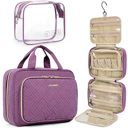 BAGSMART Toiletry Bag Hanging Travel Makeup Organizer with TSA Approved Transparent Cosmetic Bag Makeup Bag for Full Sized Toiletries, Large-Purple - MODAZONE