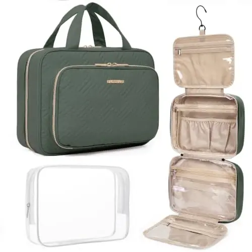 BAGSMART Toiletry Bag Hanging Travel Makeup Organizer with TSA Approved Transparent Cosmetic Bag Makeup Bag for Full Sized Toiletries(Dusty Green) - 1