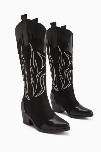 Bahar Siyah Süet Nakışlı Deri Detaylı Topuklu Western, Kovboy Kadın Çizme-Siyah - LIMOYA (1)