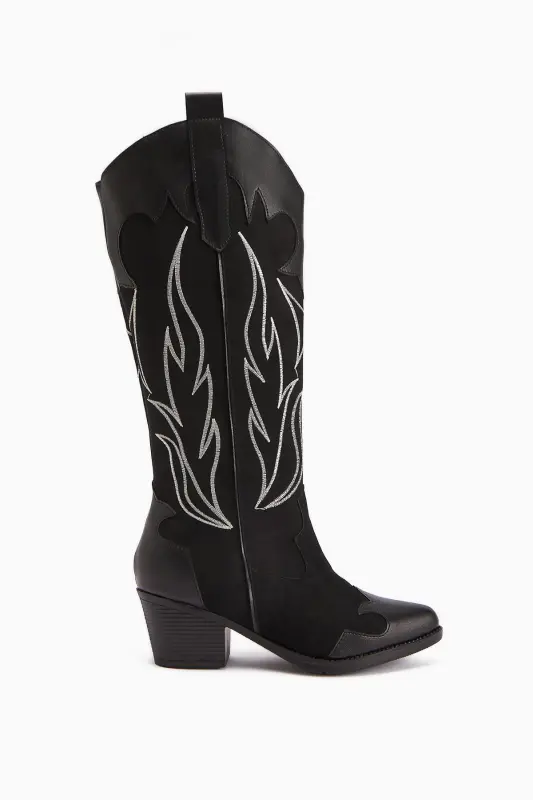 Bahar Siyah Süet Nakışlı Deri Detaylı Topuklu Western, Kovboy Kadın Çizme-Siyah - 1
