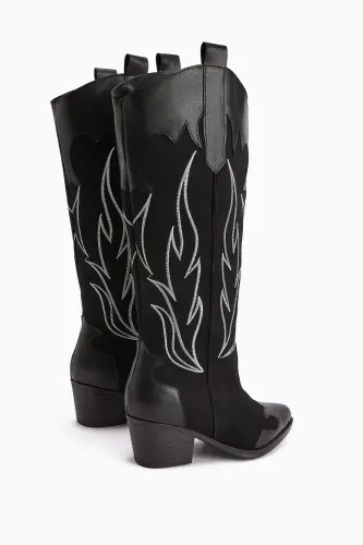 Bahar Siyah Süet Nakışlı Deri Detaylı Topuklu Western, Kovboy Kadın Çizme-Siyah - 5