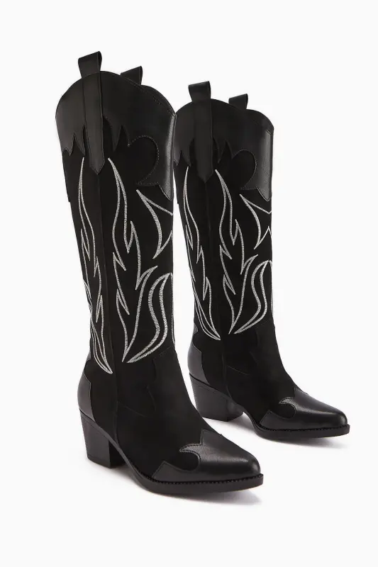 Bahar Siyah Süet Nakışlı Deri Detaylı Topuklu Western, Kovboy Kadın Çizme-Siyah - 2