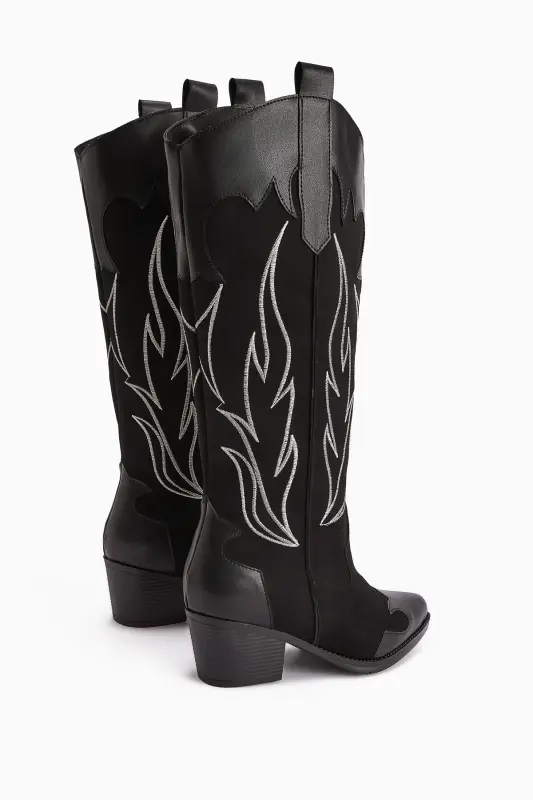 Bahar Siyah Süet Nakışlı Deri Detaylı Topuklu Western, Kovboy Kadın Çizme-Siyah - 5